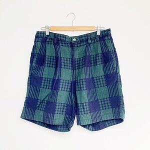 cotton madras men’s shorts • vintage 90s eddie bauer • navy blue green patchwork